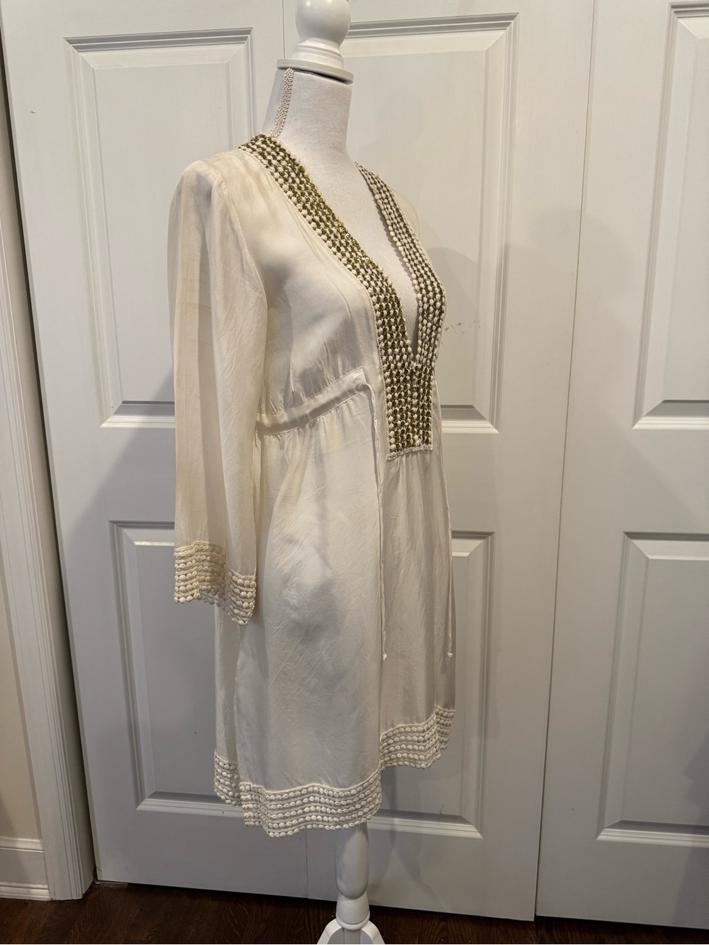DESPI 100% Silk Beaded Swim Cover Up Tunic Dress Ivory Resort Boho Size M - Picture 7 of 15